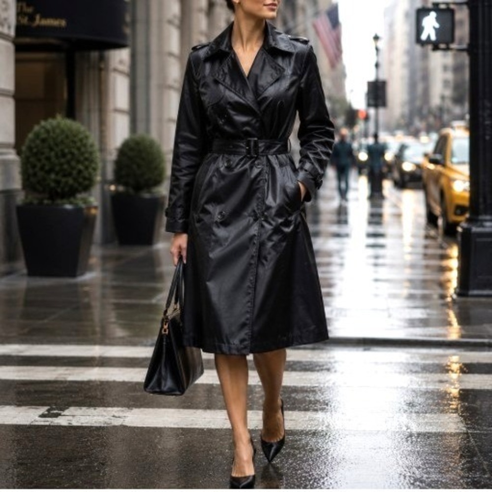 Farvalue Black Double Breasted Belted High Sheen Urban City Trench Coat Women M